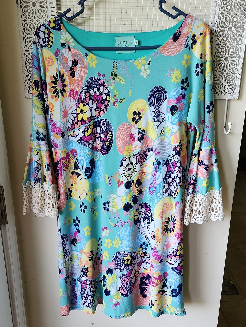 Judith March sz M Floral Dress Mod Crocheted Green BOHO